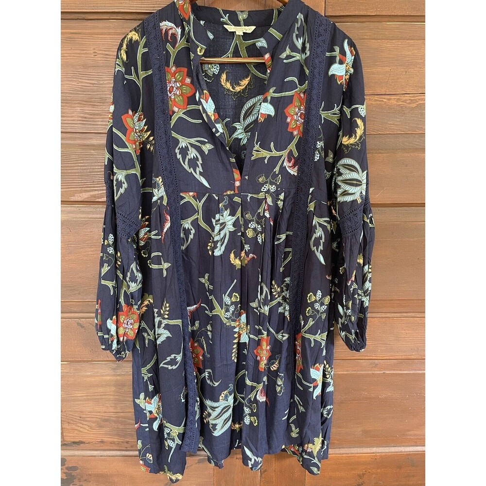 Ananda’s Collection Navy Blue Floral Bell Sleeve Tunic Dress Size L